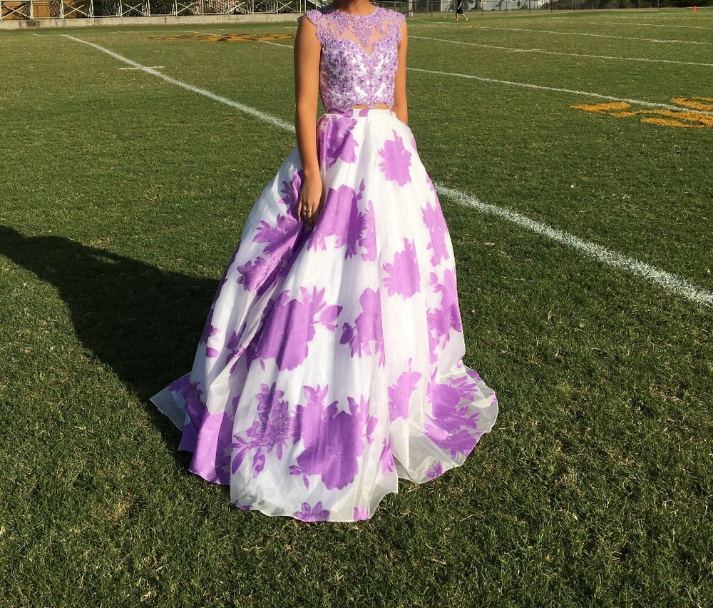 Purple Floral Two-Piece Prom Dress - Lavender Floral Ball Gown - Picture 9 of 10